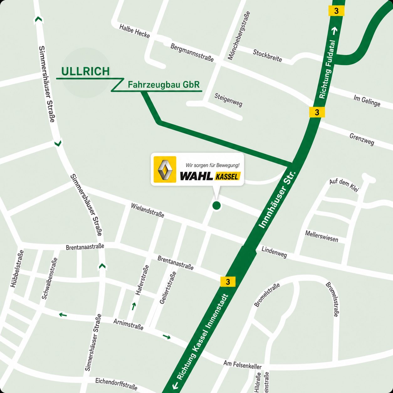 Anfahrtsskizze zu Fahrzeugbau Ullrich, Simmershäuser Str. 102F in Fuldatal
